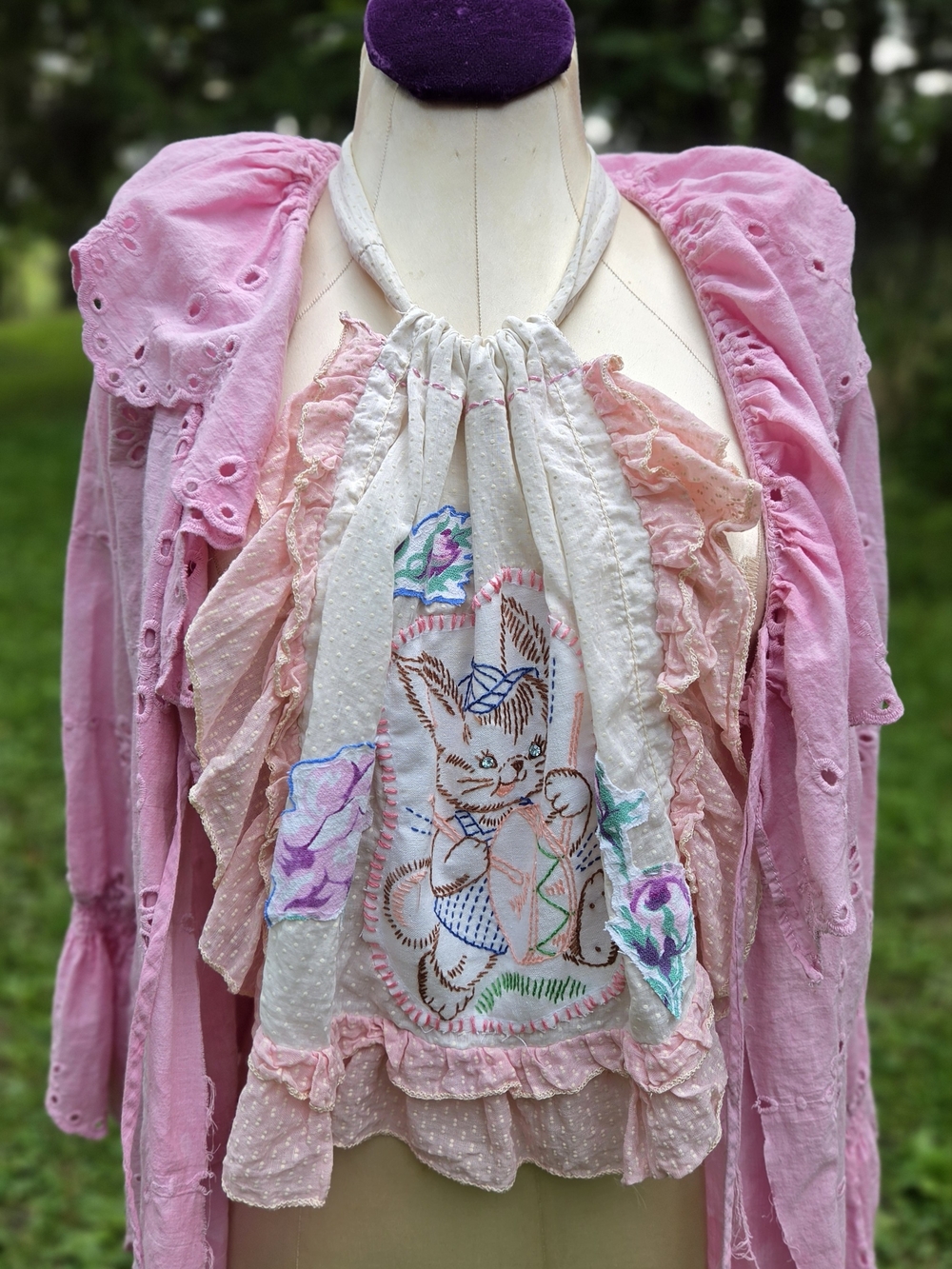 Upcycled OOAK Jabot Neck Adornment Whimsical Bunny